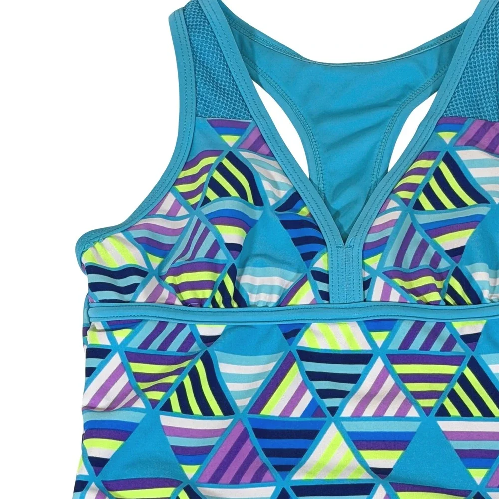 Justice Girls Blue Geometric Triangle Racerback Tankini Two Piece Swimsuit Sz 10